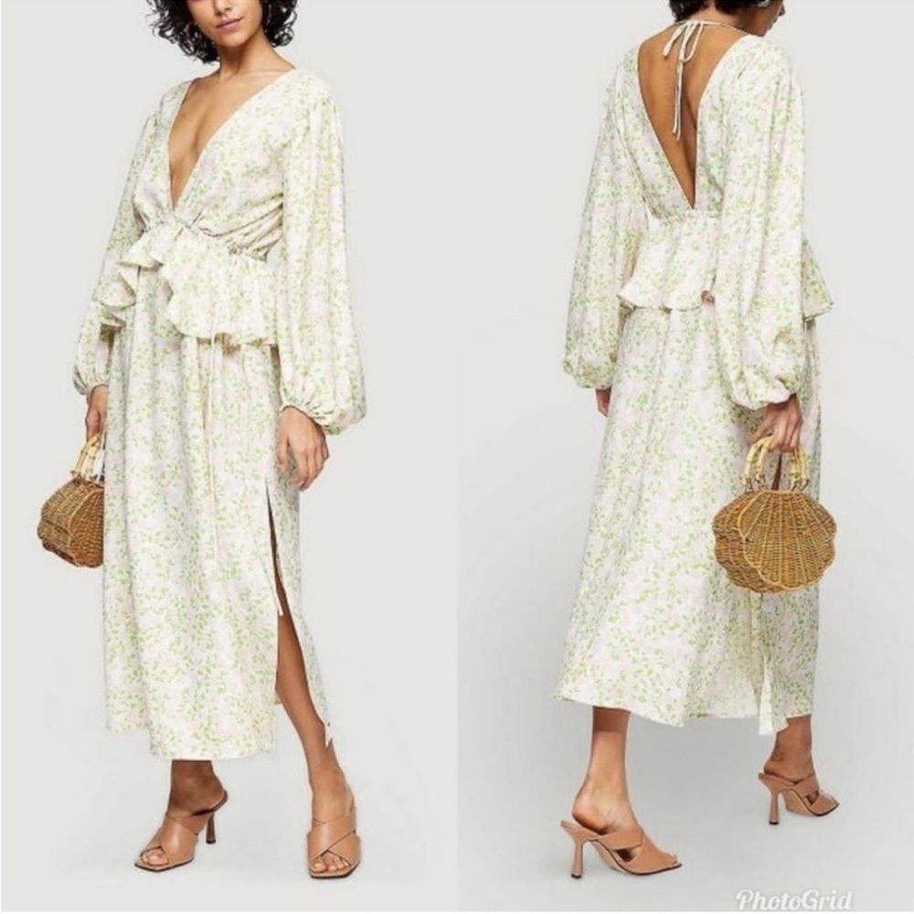 Topshop Plunging V Neck Floral Cottagecore Fairycore Maxi Dress Green Pink Sz 6